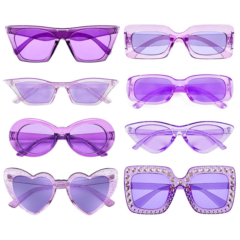 Sunovelties 8 Mixed Purple Style Party Sunglasses Retro Colored Party Favors Bulk Classic Costume Glasses for Women - Image 1